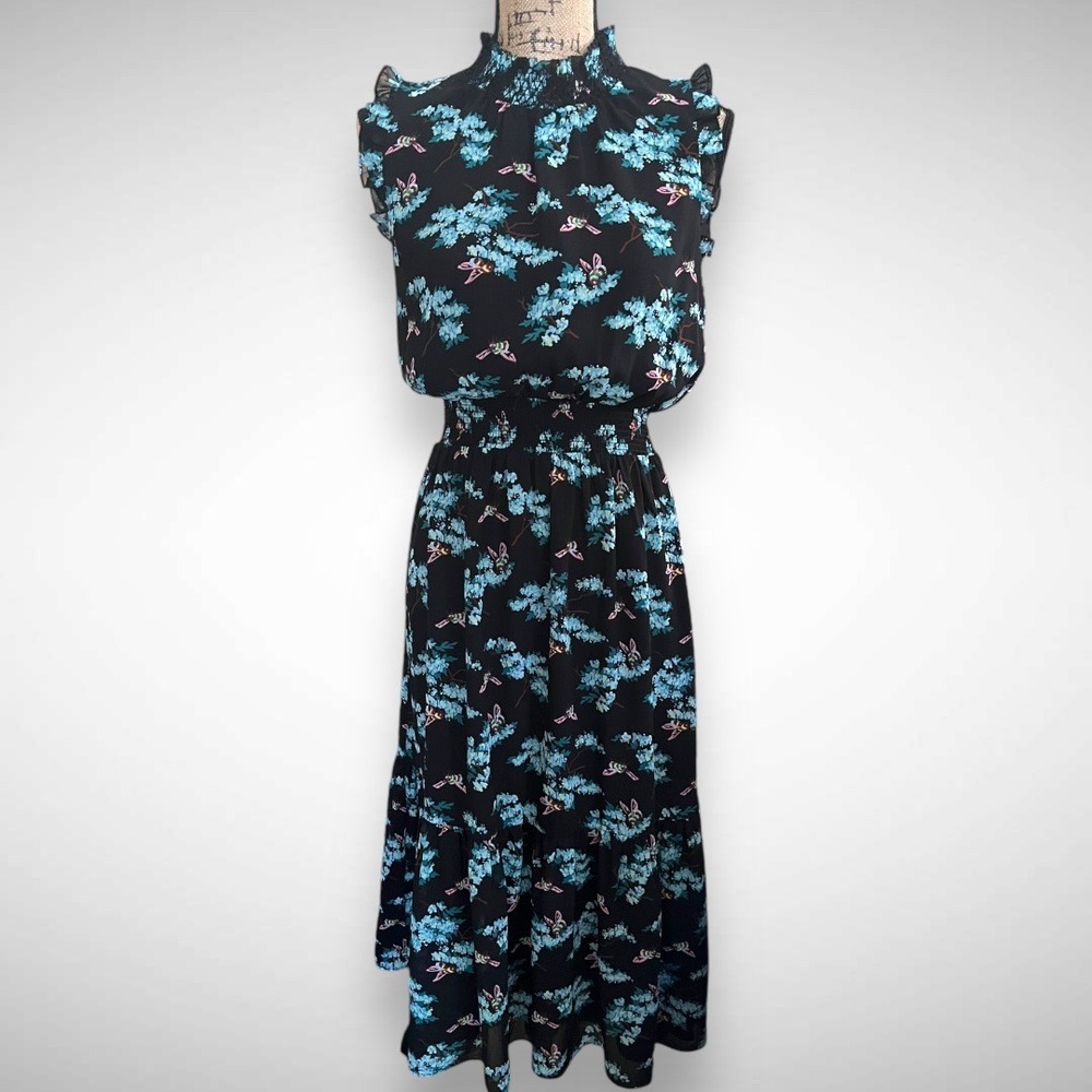 J.CREW Botanical Bees Print‎ Smocked Waist Sleeveless Midi Dress Size XS | EUC